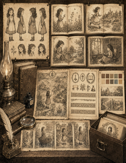 A vintage engraving of a storybook character sheet and color palette beside finished spreads showing the same child in a consistent style